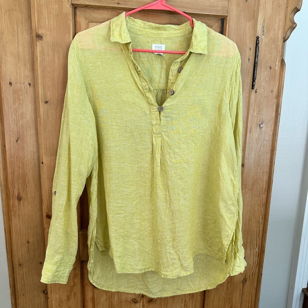 Sigrid Olsen 100% Linen Lightweight Yellow Green Tunic Blouse Sz M Summer Core